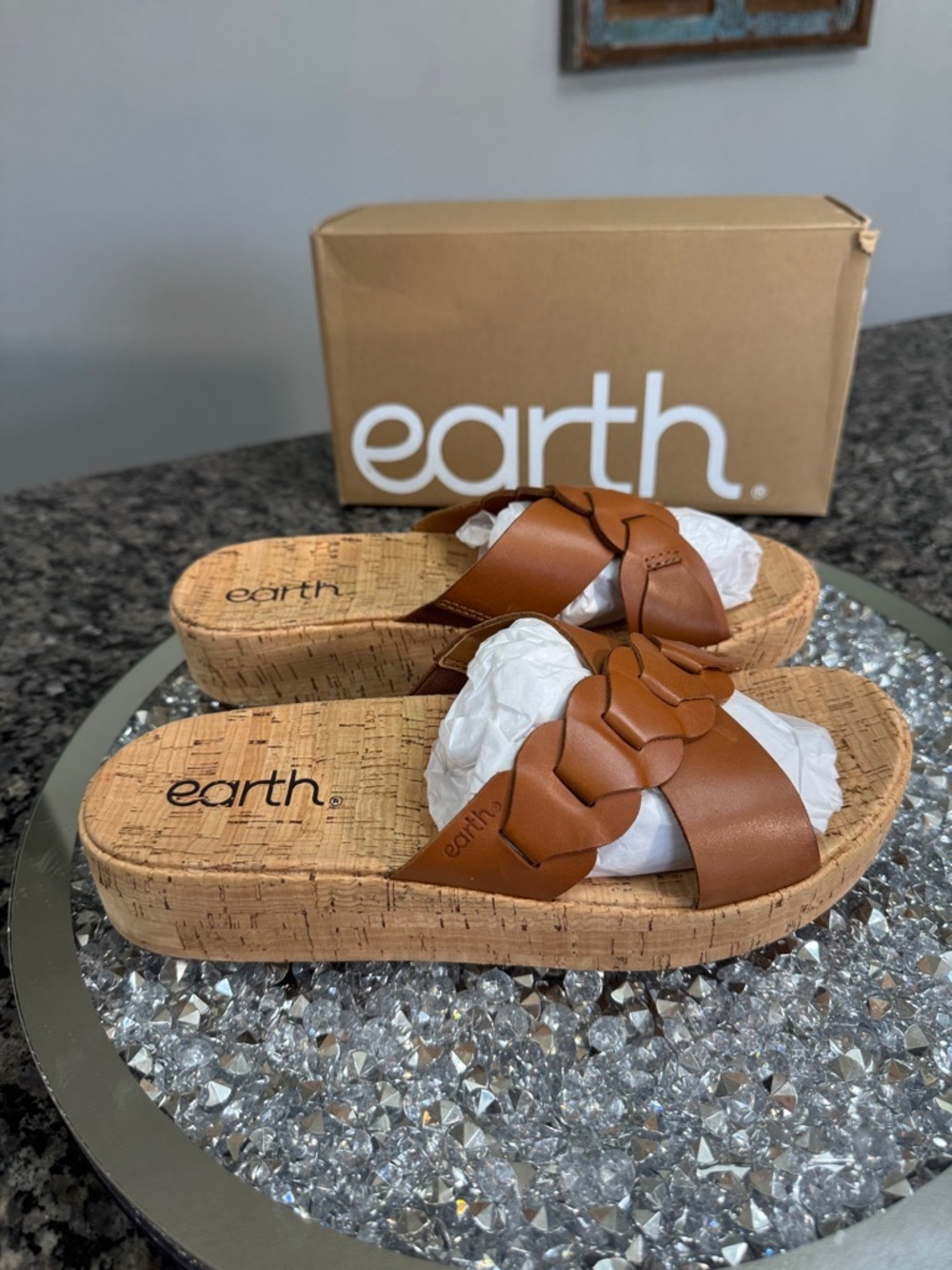 Earth Scotti Tan Braided leather Cork Platform Slide Sandals NEW 6